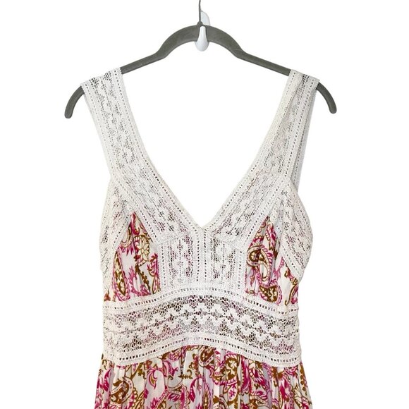 Ethnix Lace Tiered Paisley V-Neck Festival Midi Dress Smocked Boho Cottagecore - Picture 3 of 6